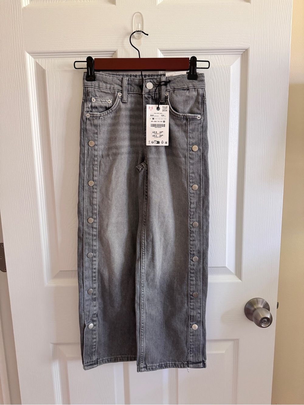 Zara Kids Girls Gray Wide-Leg Button Detail Trimmed Jeans NWT 8-9